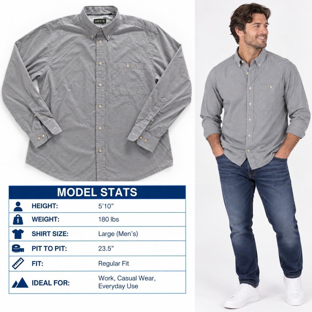 Orvis Mens Large Grey White Micro Stripe Cotton Button Down Long Sleeve Shirt